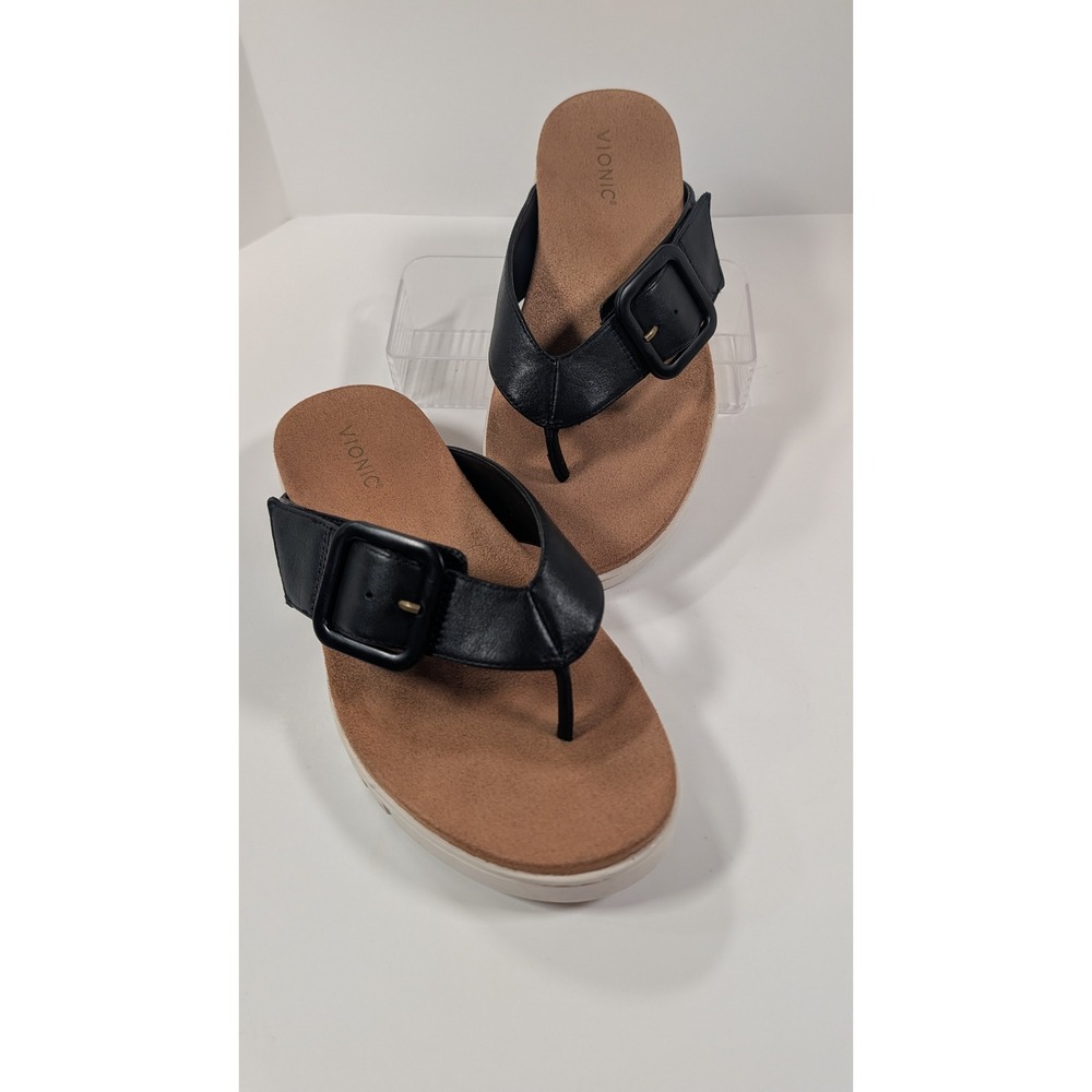 Vionic Uptown Marin Black Leather Platform Thong Sandals Buckle Women 8.5